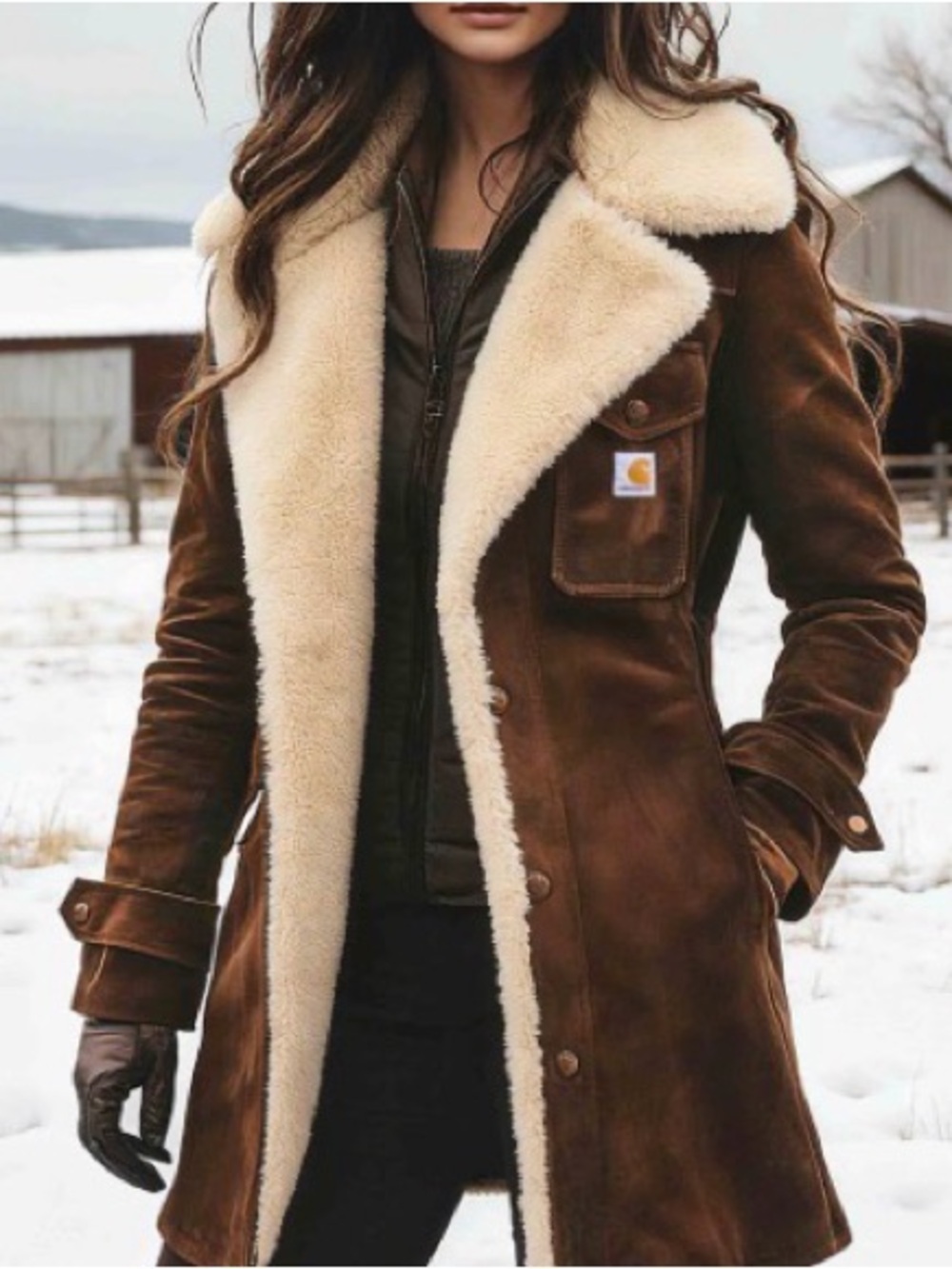 Carhartt Women's Brown Coat with Cream Shearling Trim